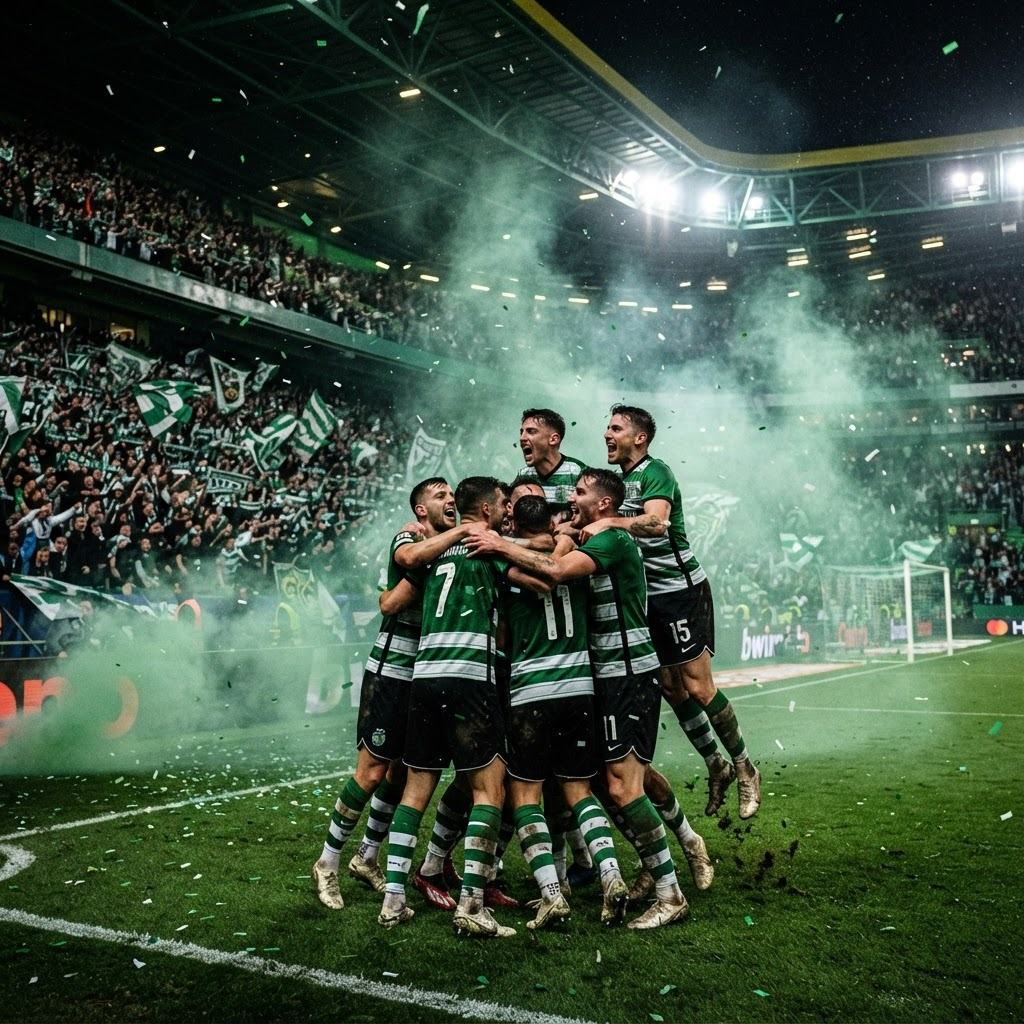 Jogadores comemorando gol em estádio lotado
