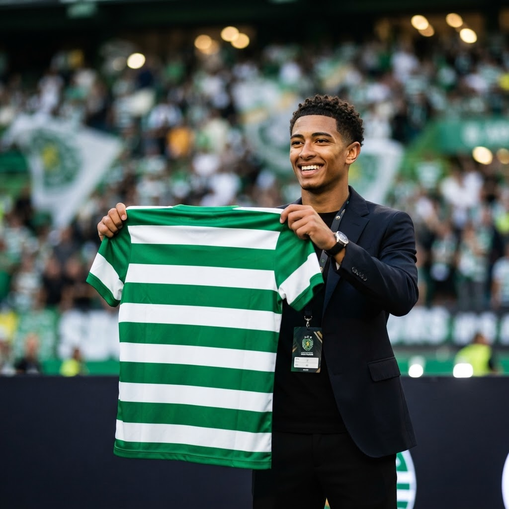 Jogador segurando camisa verde e branca em apresentação