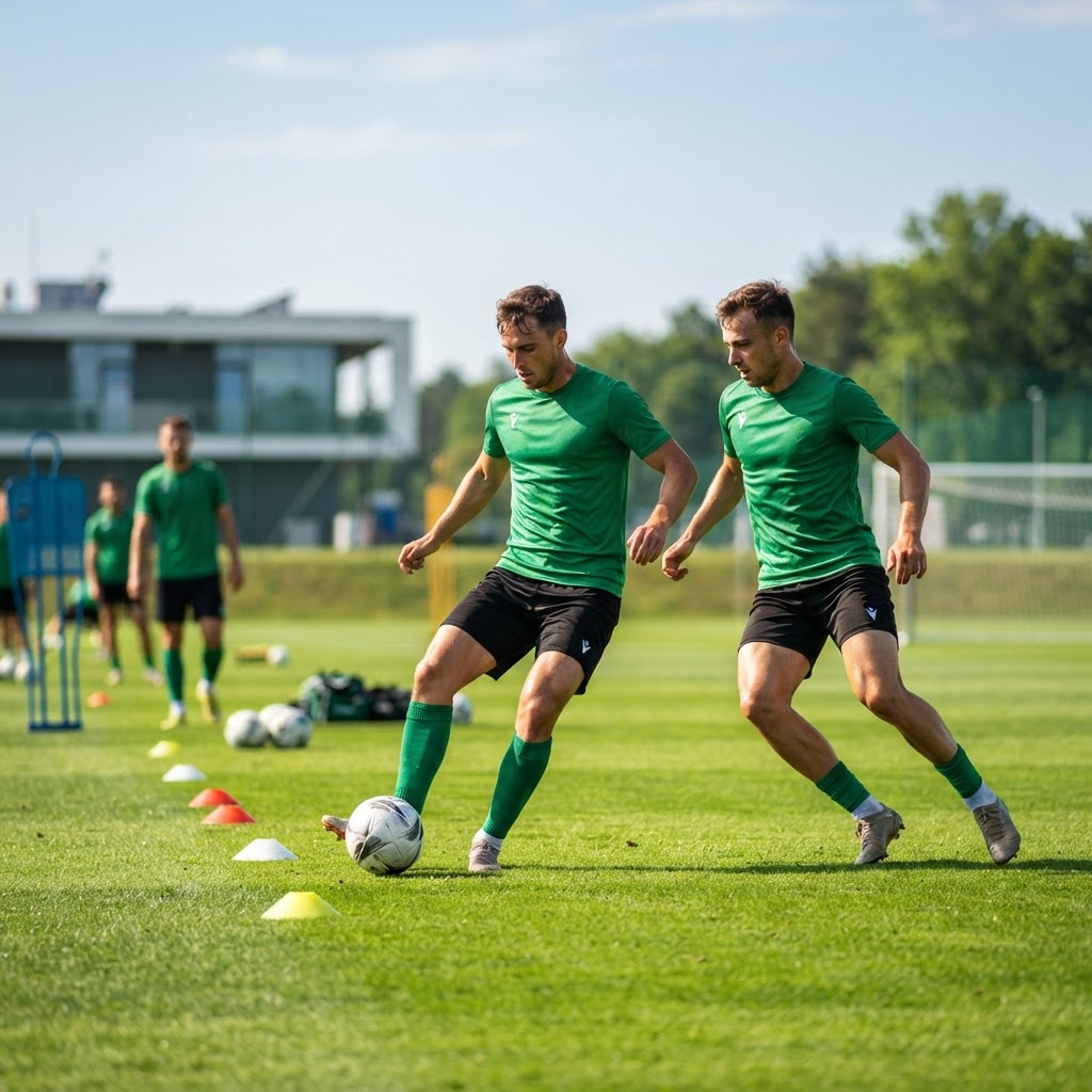 Jogadores em sessão de treino no gramado